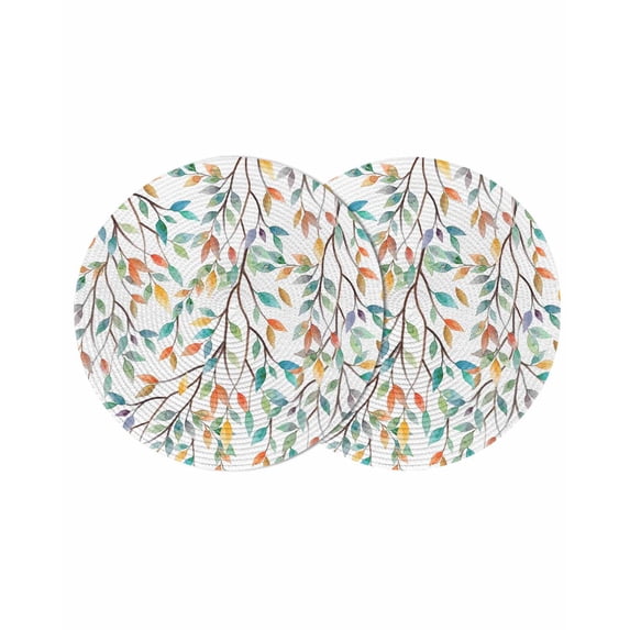 Teal Orange Eucalyptus Round 13 Inch Placemats Set of 2, Weeping Botanical Leaves HeatResistant Non Slip Place Mats for Dining Table, Wipeable Braided Kitchen Table Mats for Housewarming