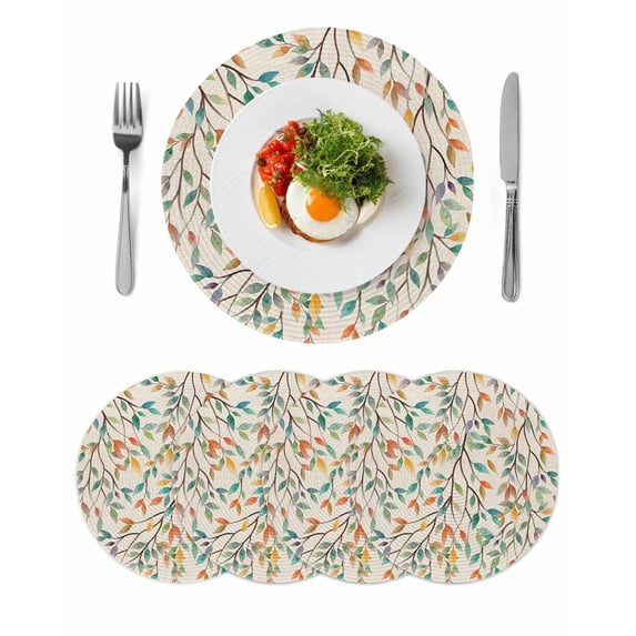 Teal Orange Eucalyptus Round 15 Inch Placemats Set of 4, Spring Botanical Leaves HeatResistant Non Slip Place Mats for Dining Table, Wipeable Braided Kitchen Table Mats for Housewarming