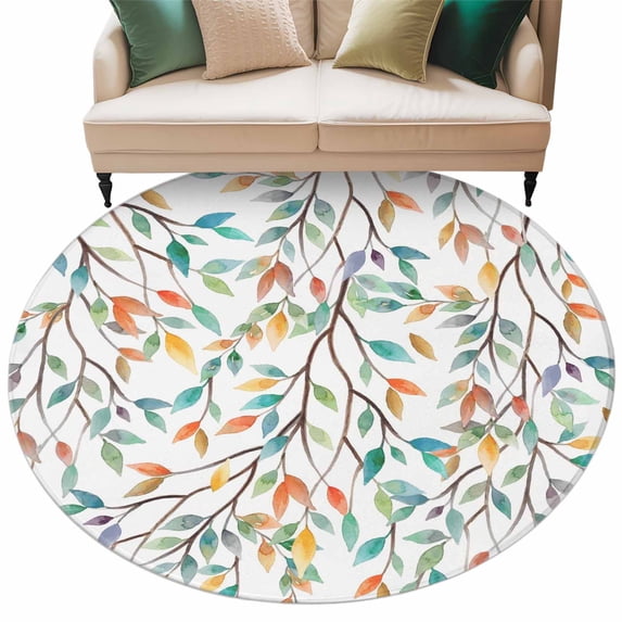 Teal Orange Eucalyptus Round Area Rugs Collection 7', Weeping Botanical Leaves Non Slip Indoor Circular Throw Runner Rug Floor Mat Carpet for Living Room Dining Table Bedroom Nursery