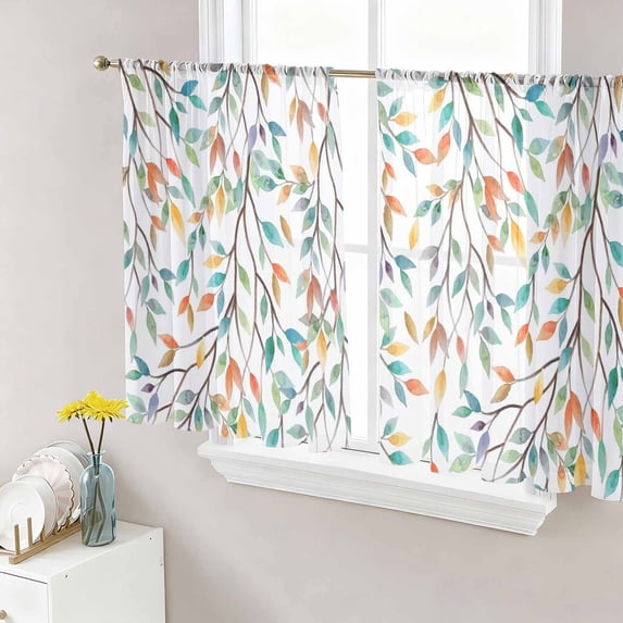 Teal Orange Eucalyptus Sheer Curtains 54 Inch Length 2 Panels Set Window Treatments, Weeping Botanical Leaves Rod Pocket Semi Curtains for Living Room/Bedroom/Kitchen Décor, 104"W x 54"L