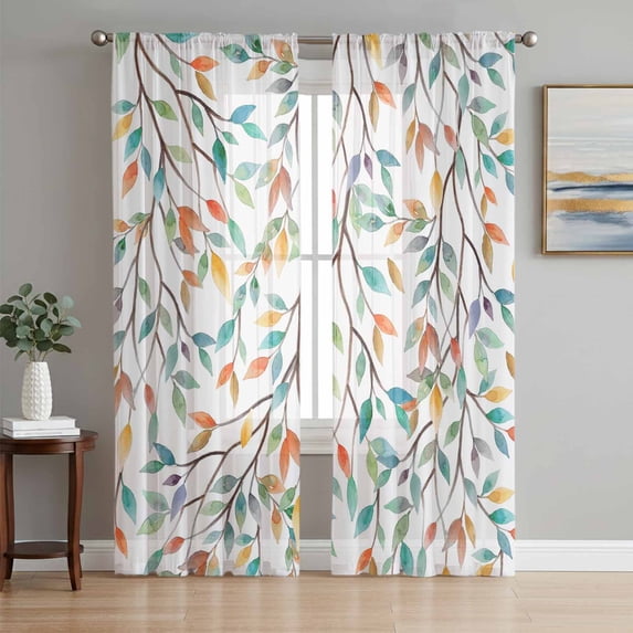 Teal Orange Eucalyptus Sheer Curtains 96 Inch Length 2 Panels Set Window Treatments, Weeping Botanical Leaves Rod Pocket Semi Curtains for Living Room/Bedroom/Kitchen Décor, 104"W x 96"L