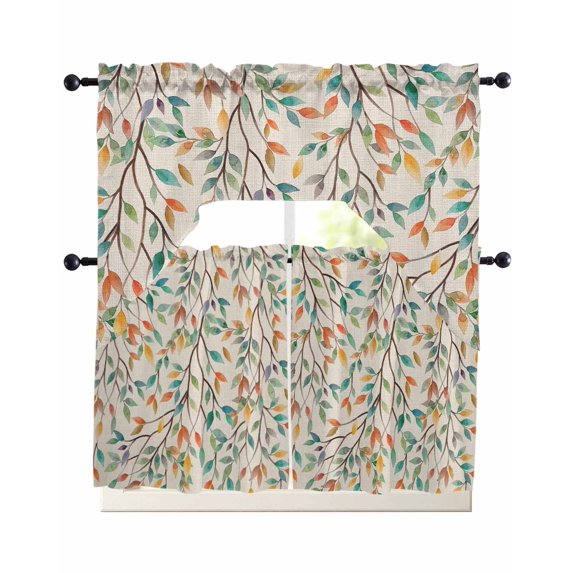 Teal Orange Eucalyptus Swag Curtains for Living Room/Bedroom Windows, Spring Botanical Leaves Kitchen Curtains and Valances Set 36 Inch Length, Light Filtering Swags Valance Curtain Panels