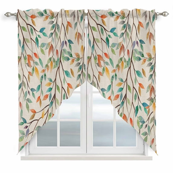 Teal Orange Eucalyptus Swag Valances for Windows 2 Pack, Kitchen Window Curtains 36 Inch Length, Spring Botanical Leaves Privacy Swag Curtains for Living Room/Bathroom with Rod Pocket 36"x36"
