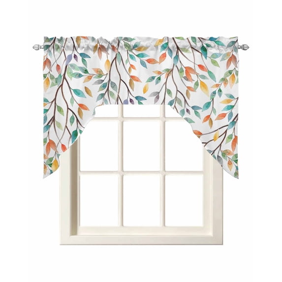 Teal Orange Eucalyptus Swag Valances for Windows, Small Curtains Drapes, Weeping Botanical Leaves Kitchen Window Curtains Over Sink Rod Pocket Window Treatment Valance for Bedroom/Bathroom 56"x36"