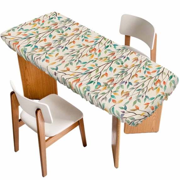 Teal Orange Eucalyptus Table Cloths for 8 Foot Rectangle Tables, Spring Botanical Leaves Patio Waterproof Elastic Fitted Tablecloths, Washable Rectangular Table Cover for Camping