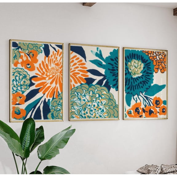 Teal Orange Floral Wall Art Set Abstract Botanical Triptych Posters 3 Piece Flower Decor Set 3