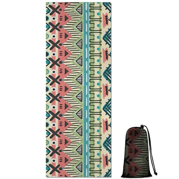 Teal and Orange Geometric Boho Pattern Hot Yoga Mat Towel Non Slip for Hot Yoga - Quick-Drying Yoga Mat Cover with 4 Corner Pockets with Travel Bag - Hot Yoga Towel Non Slip 74"x26"