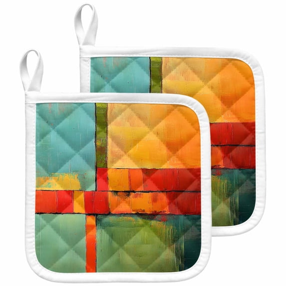 Teal Orange Geometric Pot Holders for Kitchen Heatproof Potholder, 2 Pack Contemporary Oil Painting Art Hot Pads Multipurpose Oven Pads Cloth Potholders Trivet for Cooking and Baking