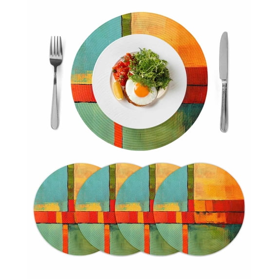 Teal Orange Geometric Round Placemats Set of 4 for Dinning Tables,Heat-proof Braided Table Mats 13 Inch,Contemporary Oil Painting Art Washable Place Mat for Kitchen Restaurant Party Table Decor