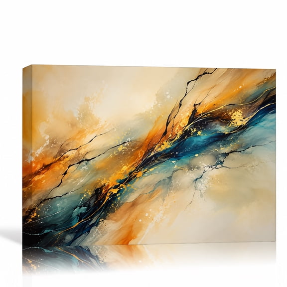 Teal Orange Gold Abstract Marble Fluid Art Modern Luxury Painting Gallery Wrapped Canvas Wall Art for Living Room Bedroom Office Decor 18"L x 12"W