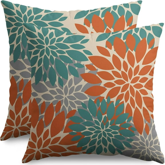 Teal Orange Gray Grey Pillow Covers 16X16 Inch Set of 2, Spring Modern Geometry Dahlia Floral Print Decorative Throw Pillow Covers Outdoor Farmhouse Cushion Case for Couch Sofa Bed Decor
