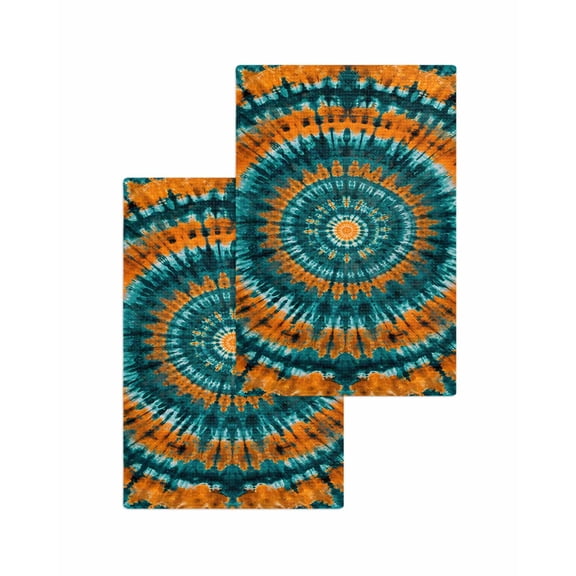 Teal Orange Kitchen Dish Towels for Drying Dishes Set of 2, Ethnic Geometric Art Modern Abstract Waffle Weave Microfiber Terry Hand Tea Bathroom Towels Quick Dry & Absorbent Towel 15.7x23.6