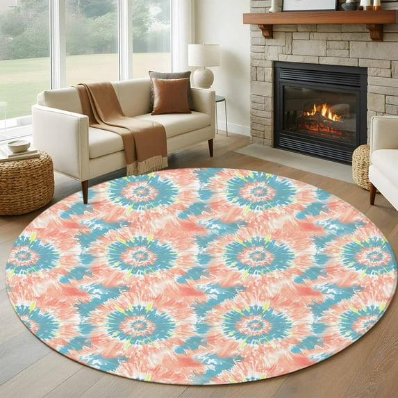 Teal Orange Large Round Rug 8 FT, Non Slip Living Room Area Carpet, Modern Tie Dyeing Contemporary Abstract Art Washable Soft Circle Rug Non-Shedding Floor Carpet for Bedroom Office Dining Room