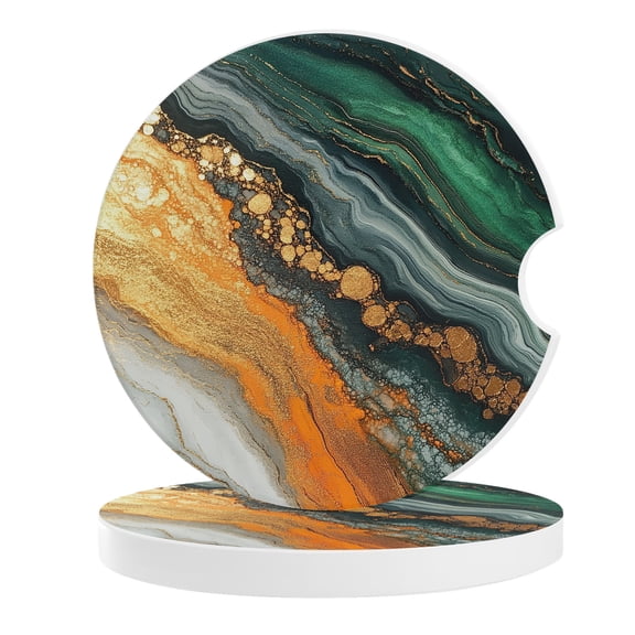 Teal Orange Marble Car Coasters for Cup Holders Set of 2 Absorbent, 2.56" Ceramic Stone Drinks Cupholder Coasters with Finger Notch Modern Ink Painting Abstract Auto Interior Accessories for Women