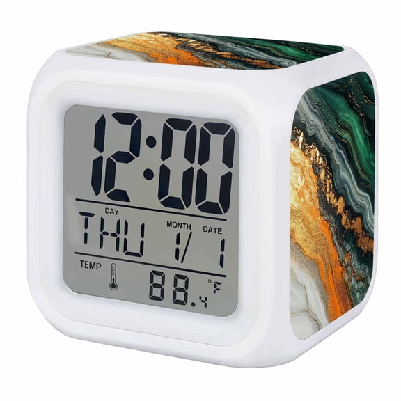Teal Orange Marble Digital Alarm Clock for Bedrooms, Smart LED Alarm Clock with 7 Color Changing Night Light, Modern Ink Painting Abstract Silent Wake Up Clocks for Sleep Study Cooking 3.2"x3.2"