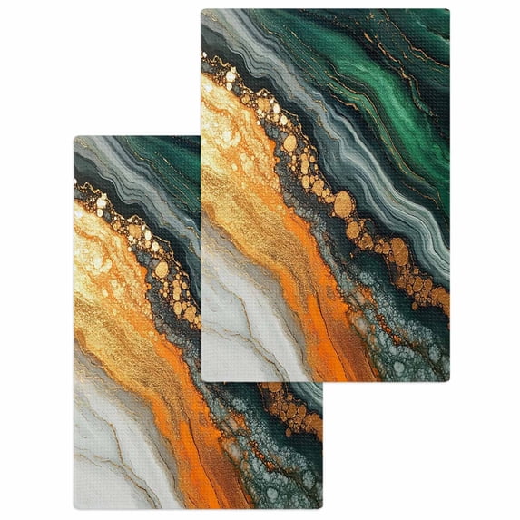 Teal Orange Marble Hand Towels Set, Waffle Weave Kitchen Towels 2 Pieces, Modern Ink Painting Abstract Microfiber Hair Face Bath Tea Towel Absorbent Quick Drying Cleaning Dish Cloths, 15.7"x23.6"