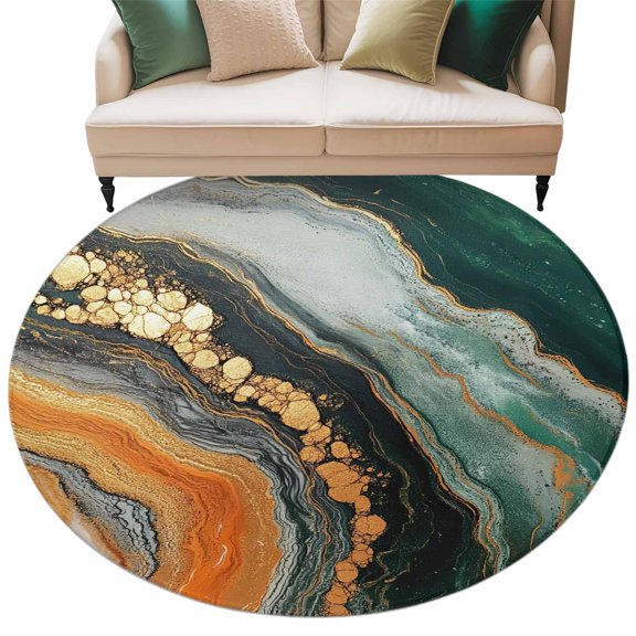 Teal Orange Marble Large Area Rugs for Bedroom Living Room, Soft Non Slip Carpet Bedside Rug, Modern Ink Painting Striped Abstract Round Floor Cover Kitchen Accent Rug 5' for Dining Room/Office