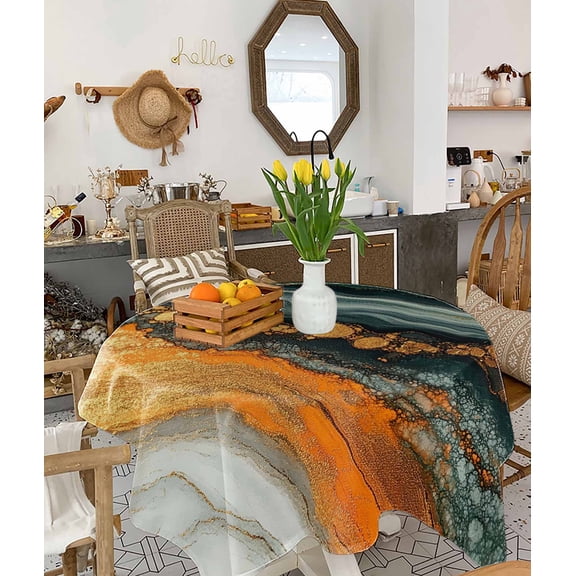 Teal Orange Marble Tablecloth Square Table Cloth 54x54, Waterproof Tablecloth Outdoor Table Cloth, Modern Ink Painting Abstract Washable Table Cover for Kitchen Dining Party