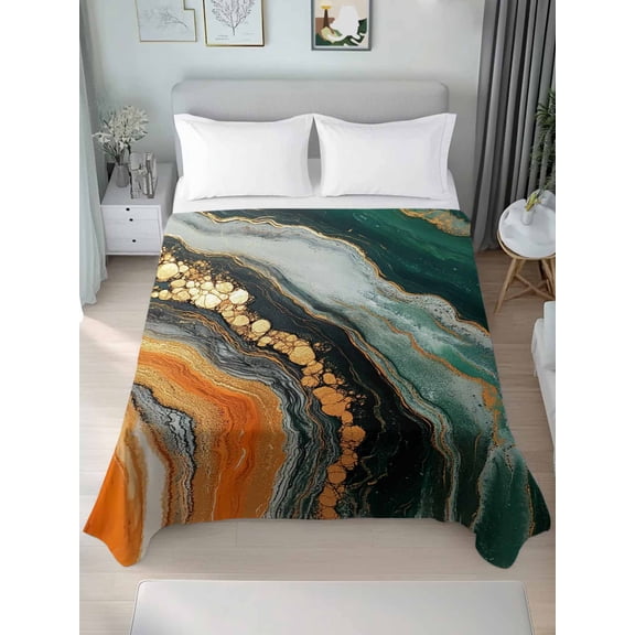 Teal Orange Marble Twim Size Flat Sheet, Wrinkleproof & Fadeproof Cooling Flat Bed Sheet Only, Modern Ink Painting Striped Abstract Breathable Soft Bedding Top Sheets 66 x 96 Inches