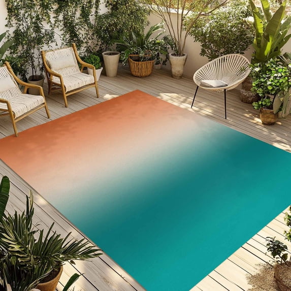 Teal Orange Ombre Outdoor Rug for Patio/Deck/Porch, Non-Slip Large Area Rug 6 x 9 Ft, Contemporary Art Abstract Aesthetics Indoor Outdoor Rugs Washable Area Rugs, Reversible Camping Rug Carpet Runner