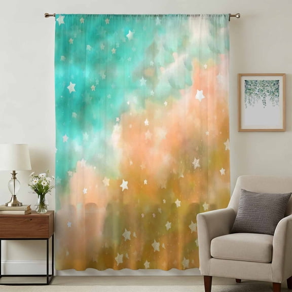 Teal Orange Ombre Sheer Curtains 54 Inches Long for Bedroom, Abstract Art Dreamy Star Clouds Light Filtering Privacy Drapes, Breathable Semi Sheer Window Treatment for Bathroom Dining Room Kitchen