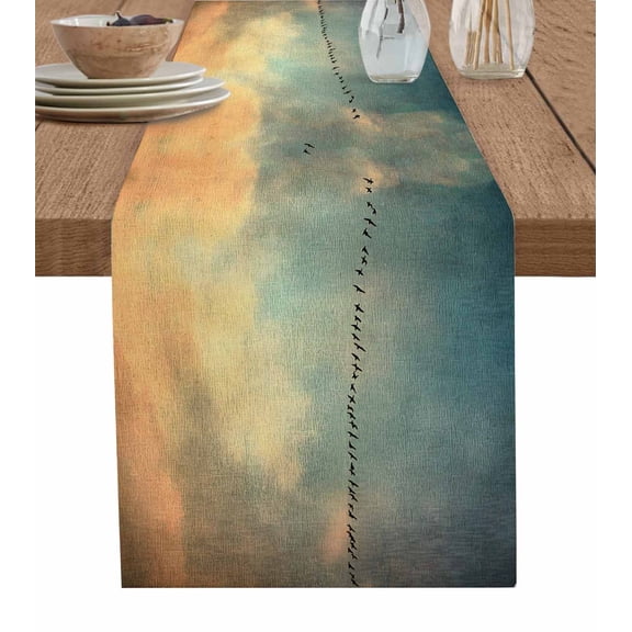 Teal Orange Ombre Sky Table Runner 36 Inches, Retro Bird Silhouettes Nature Bed Runner Dresser Scarves Tabletop for Indoor Outdoor Parties/Ceremony/Banquet, 13"x 36"