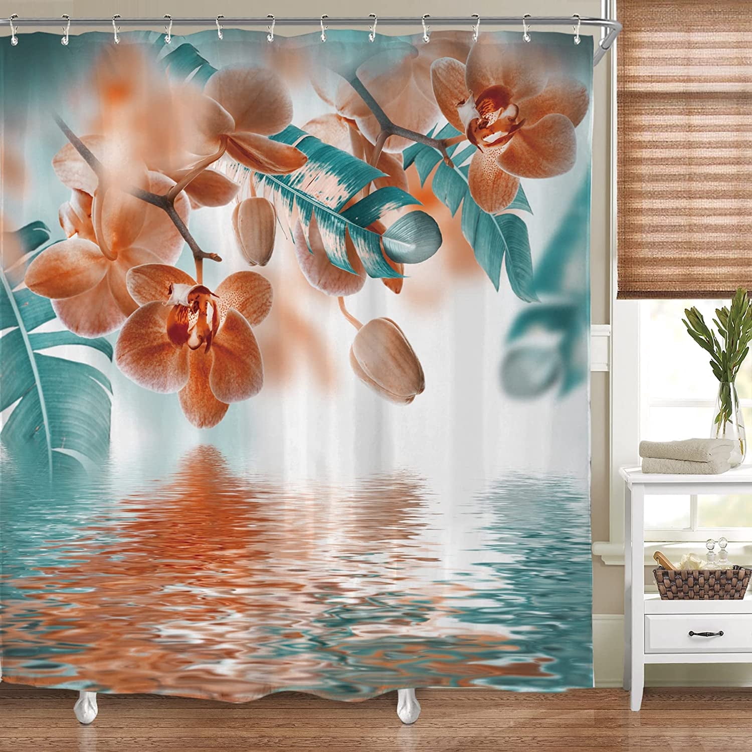 Teal and Orange Orchid Shower Curtain Reflection Floral Tropical Flower Leaf Painting Zen Decor Fabric Set Polyester Waterproof 72x72 Inch 12 Pack Plastic Hooks WW-T8X3