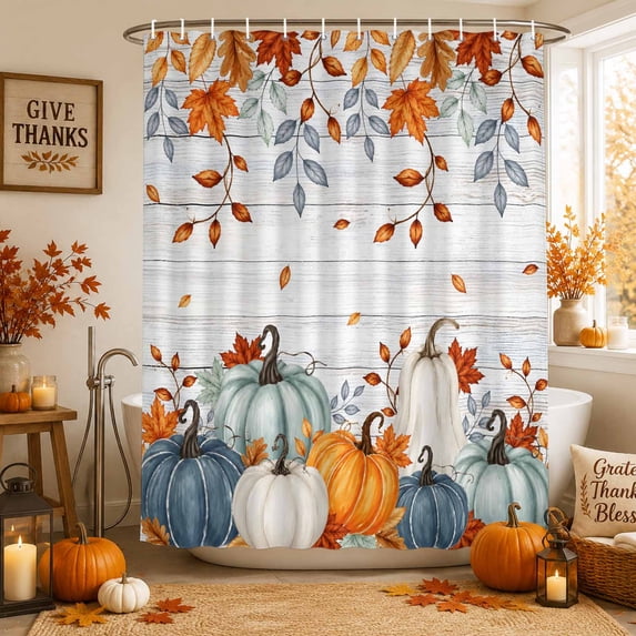 Teal Orange Pumpkins Fall Shower Curtains for Bathroom, Thanksgiving Leaves Grey Wooden Waterproof Fabric Shower Curtain, Decorative Bathroom Curtain for Bathtub, 72"x84", No Hooks Included