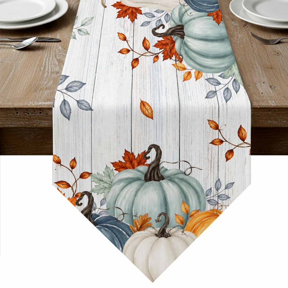 Teal Orange Pumpkins Fall Table Runner Linen Burlap Table Runner 90 Inches Long Thanksgiving Leaves Grey Wooden Dresser Scarves for Kitchen Island Coffee Dining Room Party Holiday Decoration 13"x90"