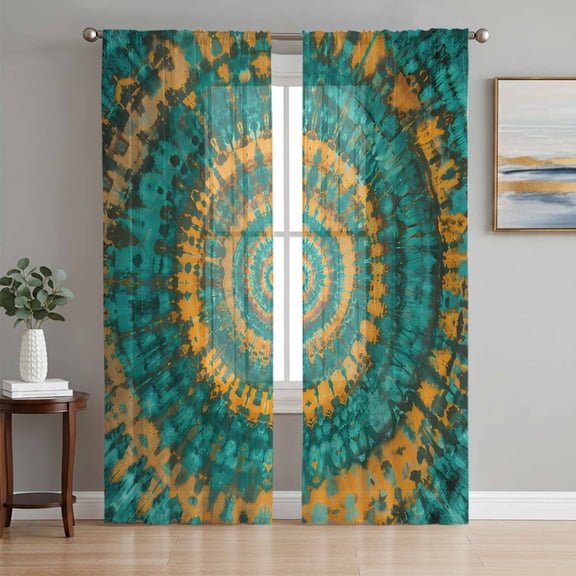 Teal Orange Sheer Curtains 96 Inch Length 2 Panels Set, Ethnic Modern Abstract Geometric Voile Window Treatment Semi Sheer Long Curtains Drapes for Bedroom/Living Room/Kitchen 52"x96"x2