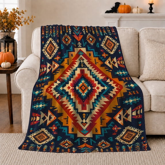 Teal Orange Southwestern Diamond Center, Bold Rustic Style for Geometric Art Lovers, Desert Arrow Pattern and Housewarming Gift, Warm Flannel Blanket for Cabin and Living Room, Home Decor