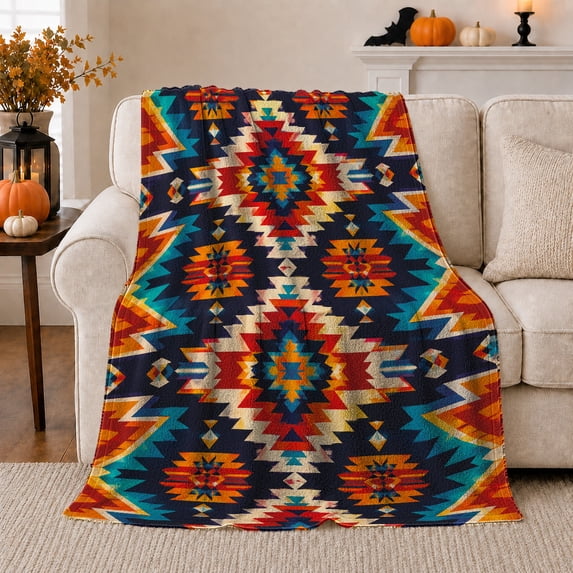 Teal Orange Southwestern Diamonds, Bold Southwestern Style for Geometric Art Lovers, Desert Lodge Pattern and Housewarming Gift, Warm Flannel Blanket for Cabin and Living Room, Home Decor