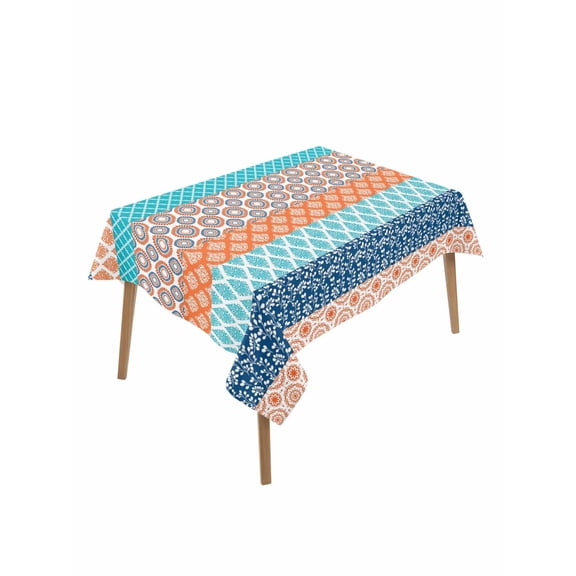 Teal Orange Striped Rectangle Tablecloth, Boho Modern Geometric Abstract Art Waterproof & StainResistant Tablecloth, Washable Oil-proof Table Cover for Dining/Party/Wedding/Camping/Buffet 52x70 In