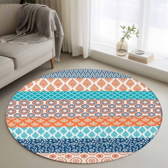Teal Orange Striped Round Area Rug 4 FT, Non Slip Indoor Outdoor Rug, Boho Modern Geometric Abstract Art Washable Soft Circular Carpet Non-Shedding Floor Mat for Coffee Table Nursery Foyer Balcony