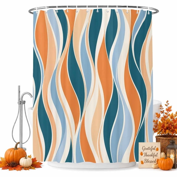Teal Orange Striped Shower Curtain Set - Extra Long 72" x 96" Washable Bathtub Curtain with 12 Hooks, Vintage Abstract Waves Striped Waterproof Fabric Stall Shower Curtains for Bathroom Décor