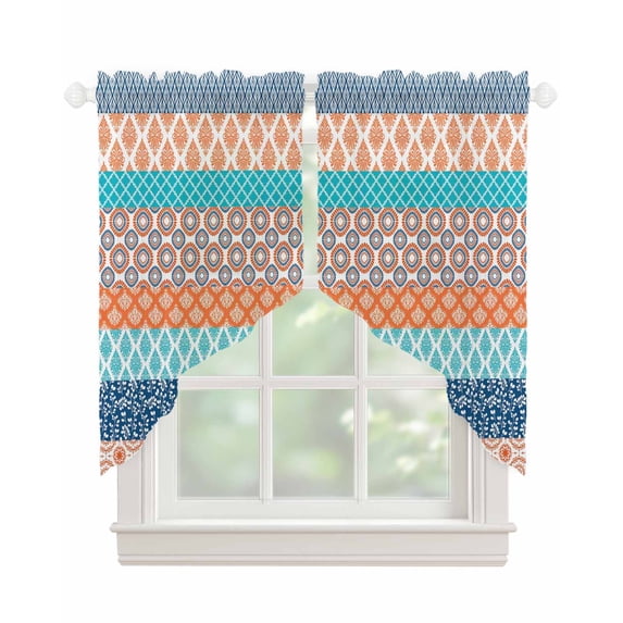 Teal Orange Striped Swag Valances for Windows, Boho Modern Geometric Abstract Art Rod Pocket Sheer Valances for Small Windows, Swag Toppers Light Filtering for Kitchen Living Room 2 Panels 28''x36''