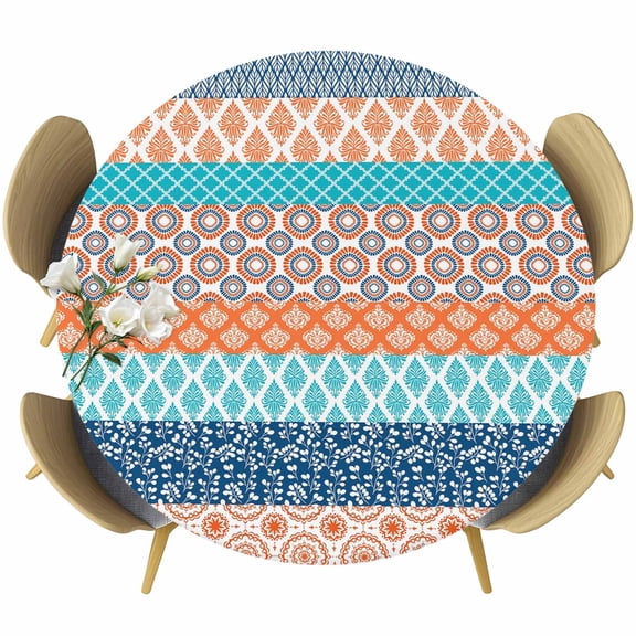 Teal Orange Striped Table Cloth, Round Fitted Tablecloths with Elastic Edge, Boho Modern Geometric Abstract Art Wipeable Waterproof Table Cover for Kitchen Wedding 45-54 Inches
