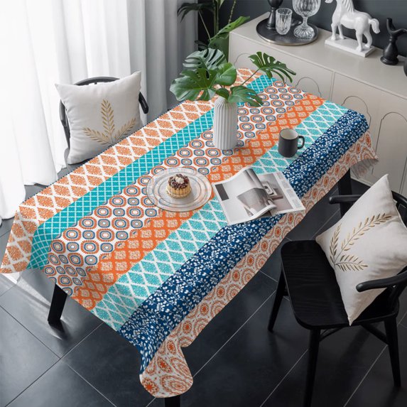 Teal Orange Striped Table Cloth Waterproof Tablecloths, Boho Modern Geometric Abstract Art Tablecloth Dining Table Cover for Kitchen Party Tabletop Outdoor, Rectangle Tablecloth 60x120 Inch