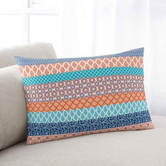 Teal Orange Striped Throw Pillow Covers, Boho Modern Geometric Abstract Art Soft Breathable Pillow Cases with Zipper for Sleeping, Queen Size Pillowcases for Couch Bed Sofa Chair 20x30 Inches