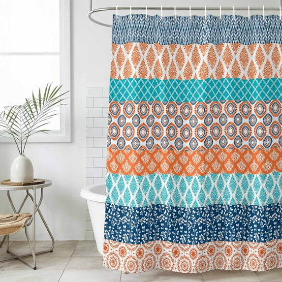 Teal Orange Striped Waterproof Fabric Shower Curtain,Boho Modern Geometric Abstract Art Waterproof Fabric Shower Curtain for Bathroom Curtains Bathtubs Shower Curtains with 12 Hooks Extra Long 72x96