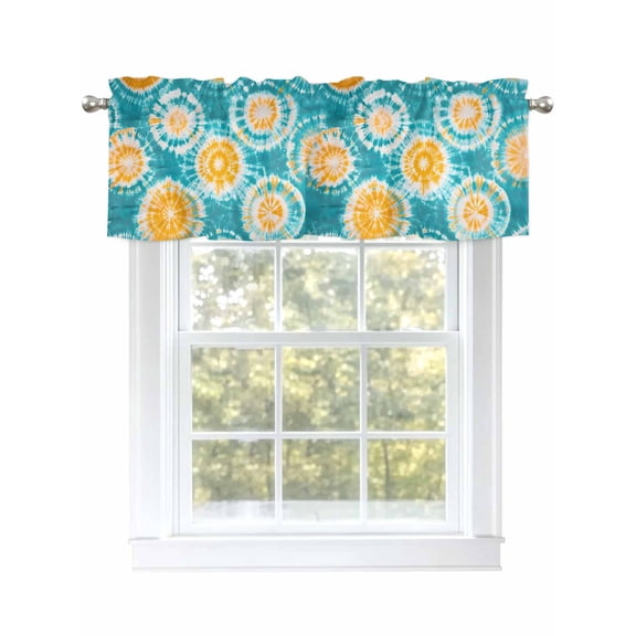 Teal Orange Tie-Dye Curtain Valances for Windows, Ethnic Modern Abstract Watercolor Kitchen Valance Window Treatment, Light Filtering Block Curtains for Bathroom/Bedroom/Living Room 42'' x 12''