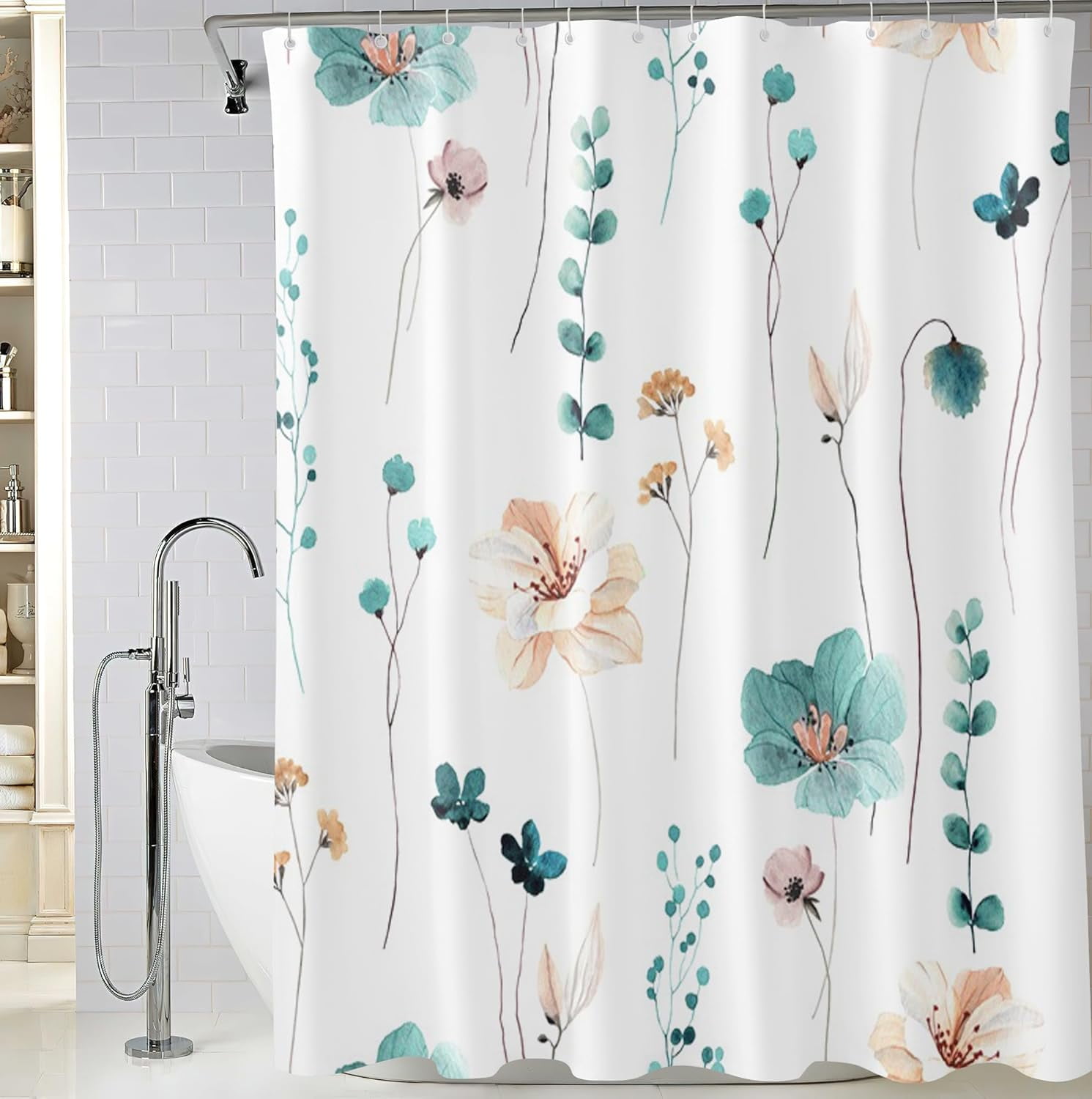 Teal Orange Watercolor Shower Curtain 72 x 72 Inch, Waterproof Fabric