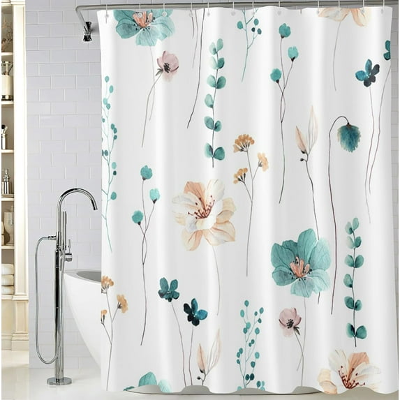 Teal Orange Watercolor Shower Curtain 72 x 72 Inch, Waterproof Fabric Floral Shower Curtains for Bathroom, Minimalist Wildflower Shower Curtain with 12 Hooks