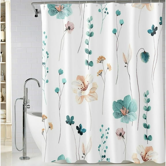 Teal Orange Watercolor Shower Curtain 72 x 72 Inch, Waterproof Fabric Floral Shower Curtains for Bathroom, Minimalist Wildflower Shower Curtain with 12 Hooks