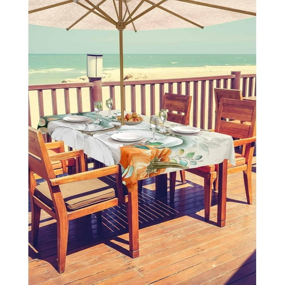Teal Orange White Fall Outdoor Tablecloth - 52x70 Inch Rectangle Dining Table Cover, Thanksgiving Pumpkins Waterproof Outdoor Table Cloth with Umbrella Hole & Zipper for Picnic/Patio/Party