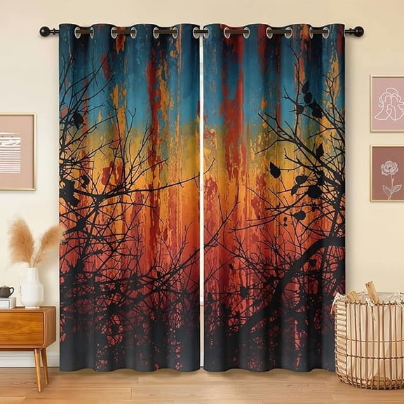 Teal and Orange Woodland Curtains, Forest Tree Branch Patterned Blackout Curtains for Bedroom, Living Room Decor, Room Darkening Thermal Insulated Grommet Drapes-38"W x 45"L (Pack of 2)