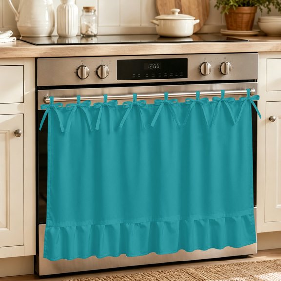 Teal Oven Skirt Curtain, Oven Door Curtain with 8 Ribbon Ties & Ruffle Trim, Turquoise Pure Teal Kitchen Appliance Door Cover for Stove Dishwasher Cabinet 32"x24"