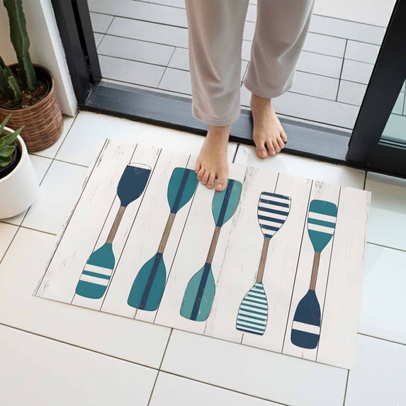 Teal Paddle Indoor Door Mat 18x30 Inch Vintage Wood Grain Cartoon Front Door Mat Non Slip Washable Entryway Rug Low Profile Dirt Trapper Doormat for Bathroom Kitchen Bedroom