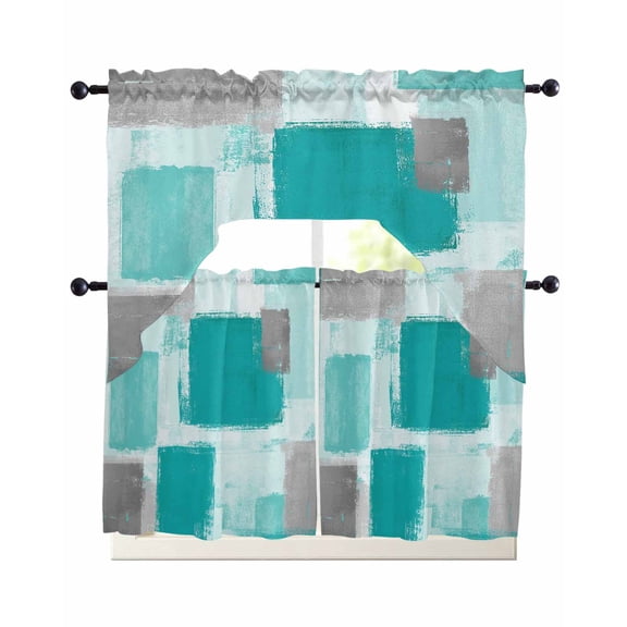 Teal Paint 3 Piece Swag Kitchen Curtains Set Abstract Mottled Valance and Tier Curtains 24 In Long, 56" x 36" Window Topper for Cafe Bathroom Bedroom