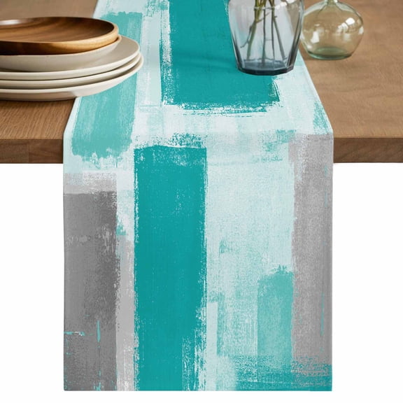 Teal Paint Table Runner, Abstract Mottled Cotton Linen Kitchen Table Decoration Washable Dining Tabletop Runners for Home Party Decor 13x60 Inches